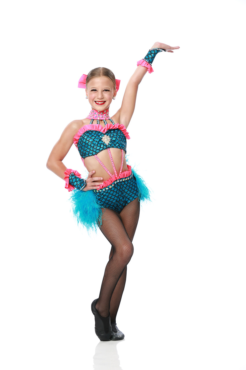 Young female dancer in blue and pink dance costume poses for dance recital photography in Exulting Images’ Fort Mill SC studio