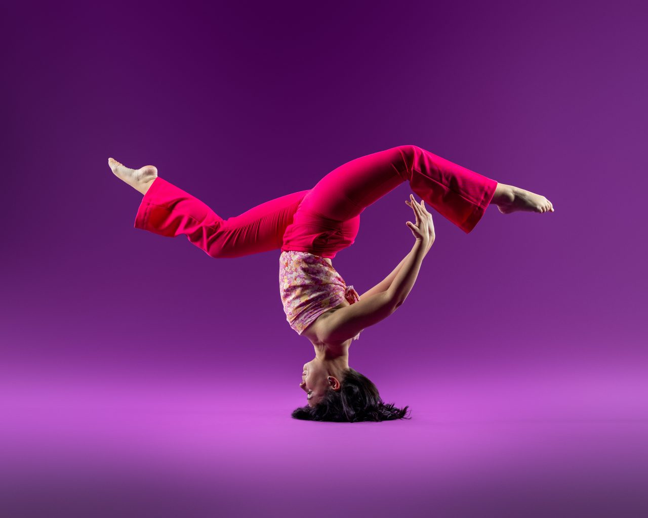 dancer, head stand, power pose, purple, pink