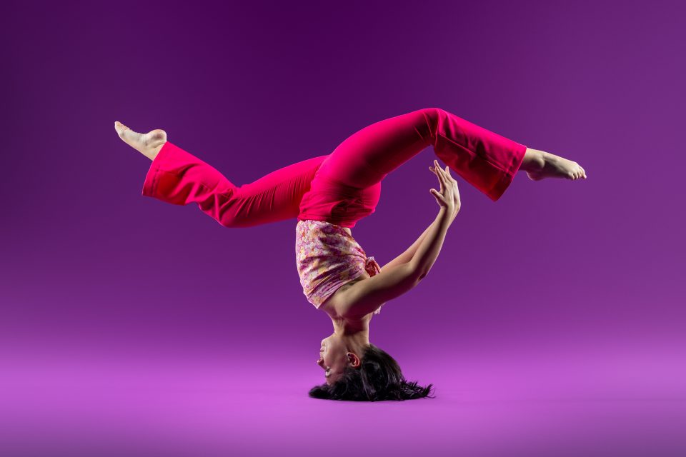 dancer, head stand, power pose, purple, pink