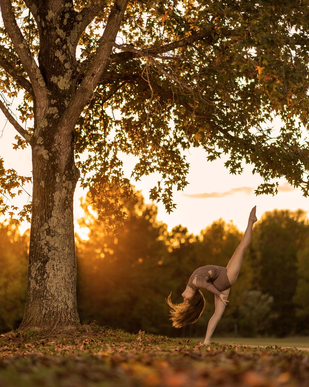 Female dancer in graceful back bend with leg pointed toward the sky during fall Exulting Images dance photoshoot outdoors in Columbia, SC